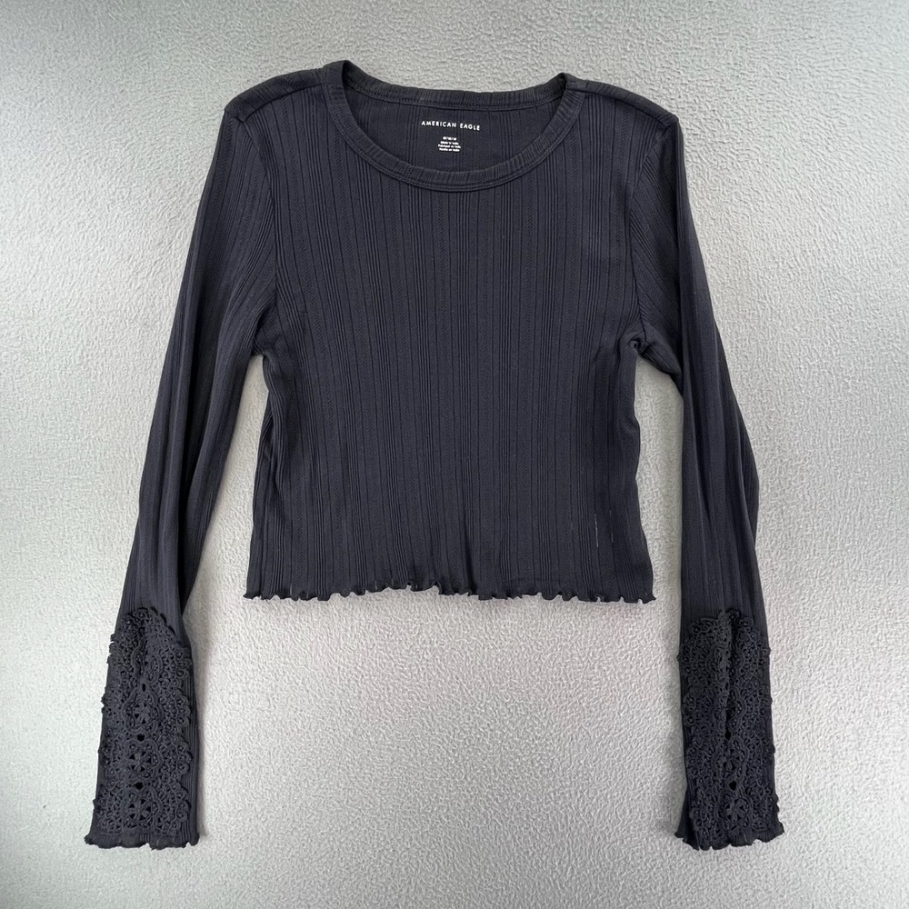 American Eagle Women Top‎ Ribbed Cotton Medium Black Lace Sleeve Boho Cropped